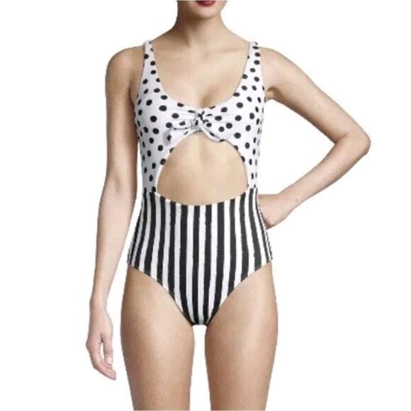BRAND NEW SWIMSUITS BLACK &WHITE STRIPE POLKA-DOT ONE-PIECE - Picture 1 of 16